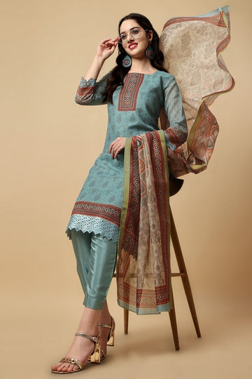 Turquoise Green Chanderi Silk Digital Printed Unstitched Salwar Suit
